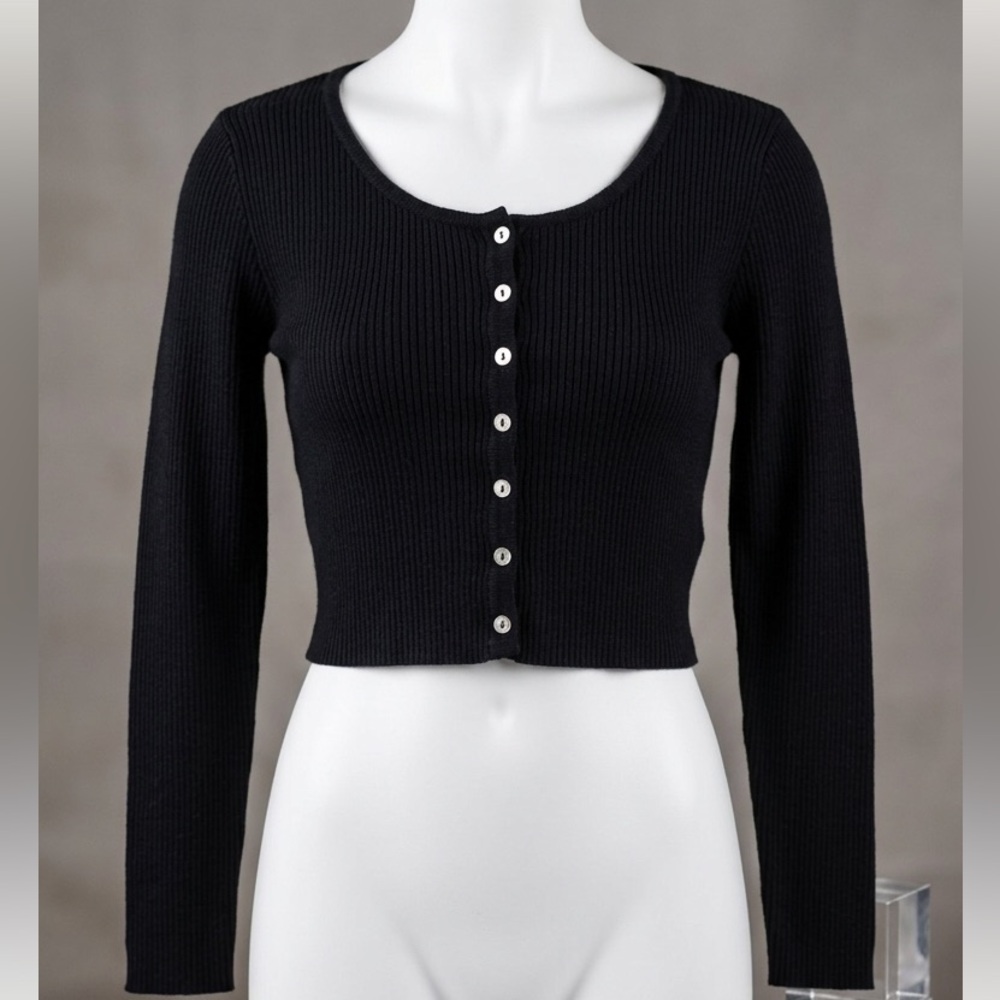 Urban Kids Black Ribbed Long Sleeve Cropped Button Up Cardigan Girls 10/12